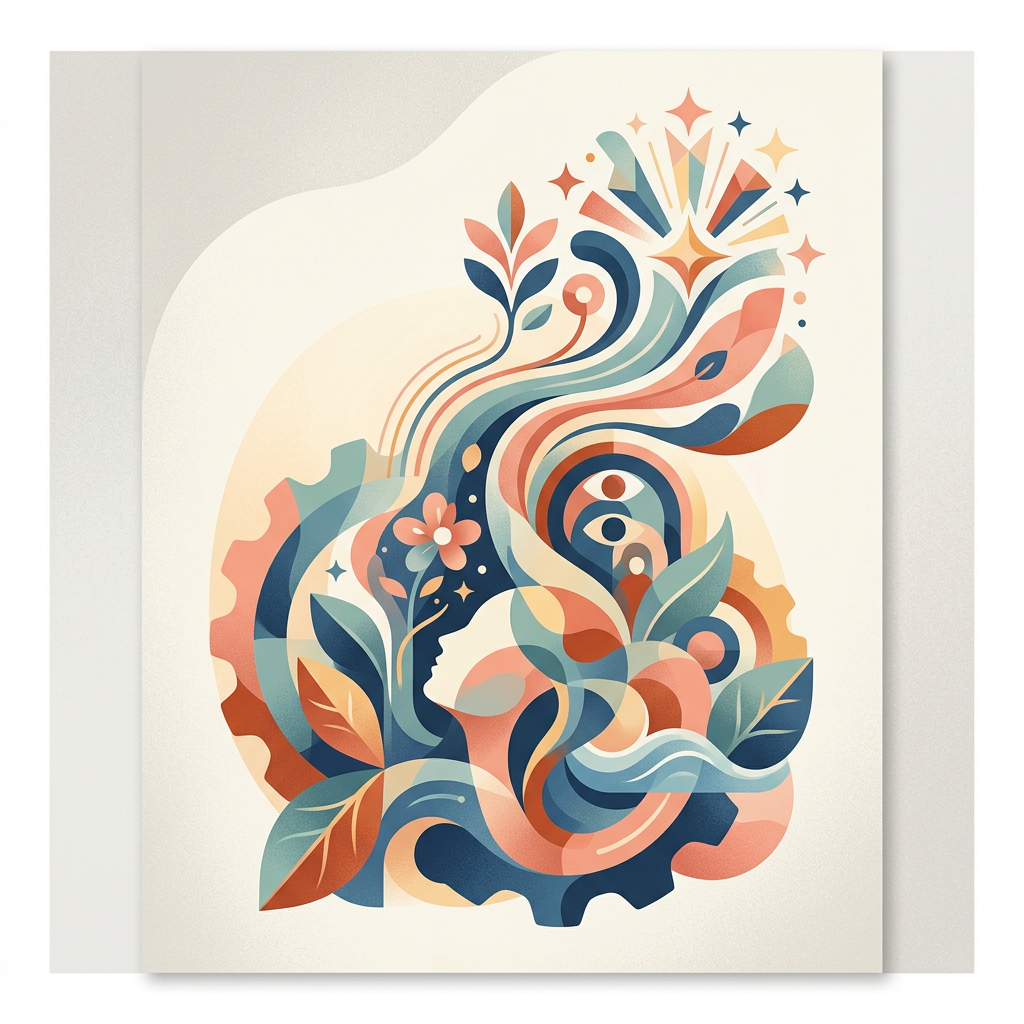 Abstract human profile surrounded by leaves, flowers, eyes, and stars